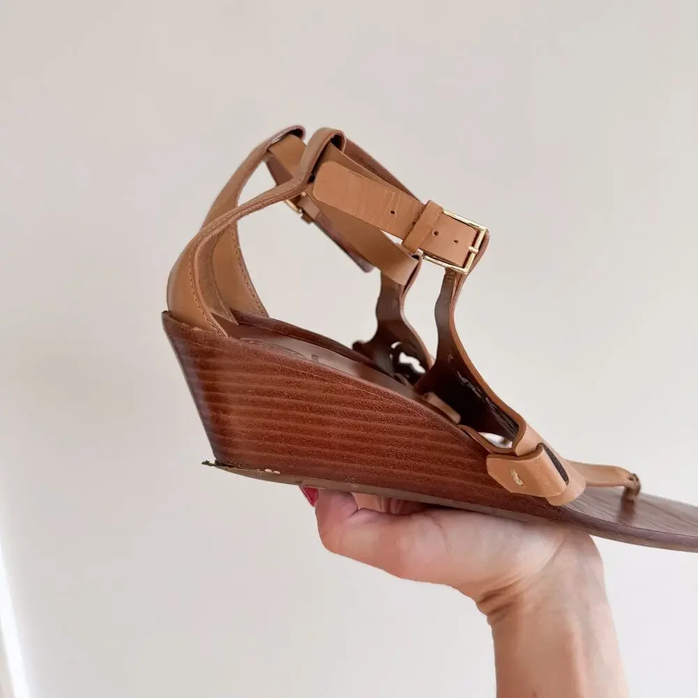 Tory Burch Zoey Leather Logo Thong Strap Wedge Sandals Tan Brown 9.5